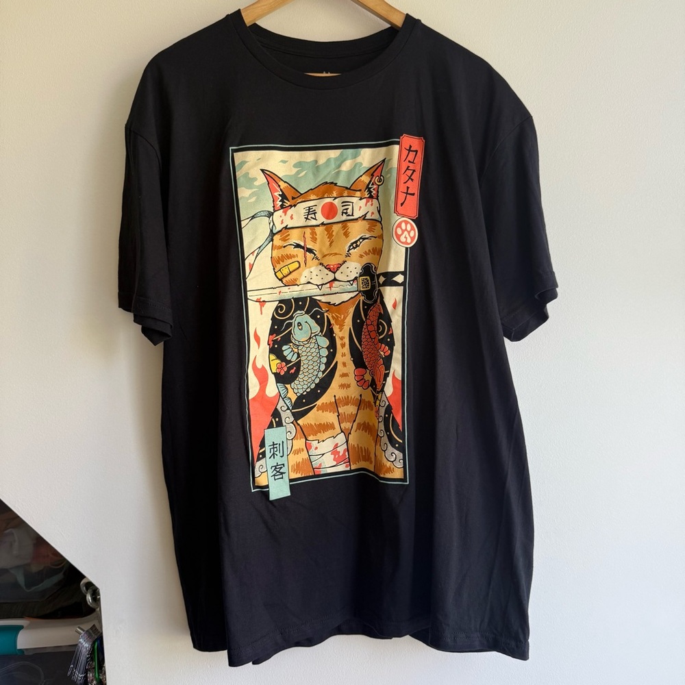 Threadless Black T-Shirt with Cat and Fish Graphic Size XL